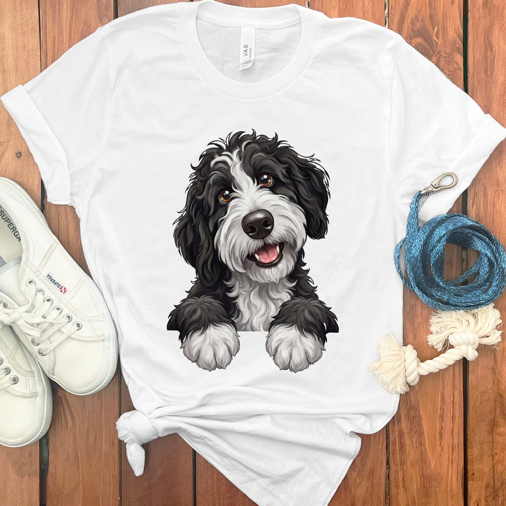 Curious Black Parti Goldendoodle T-Shirt in White / S by Puppy Jo