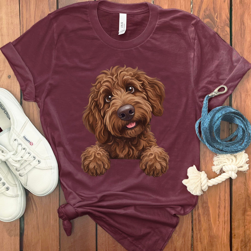Curious Chocolate Goldendoodle T-Shirt in Maroon / S by Puppy Jo