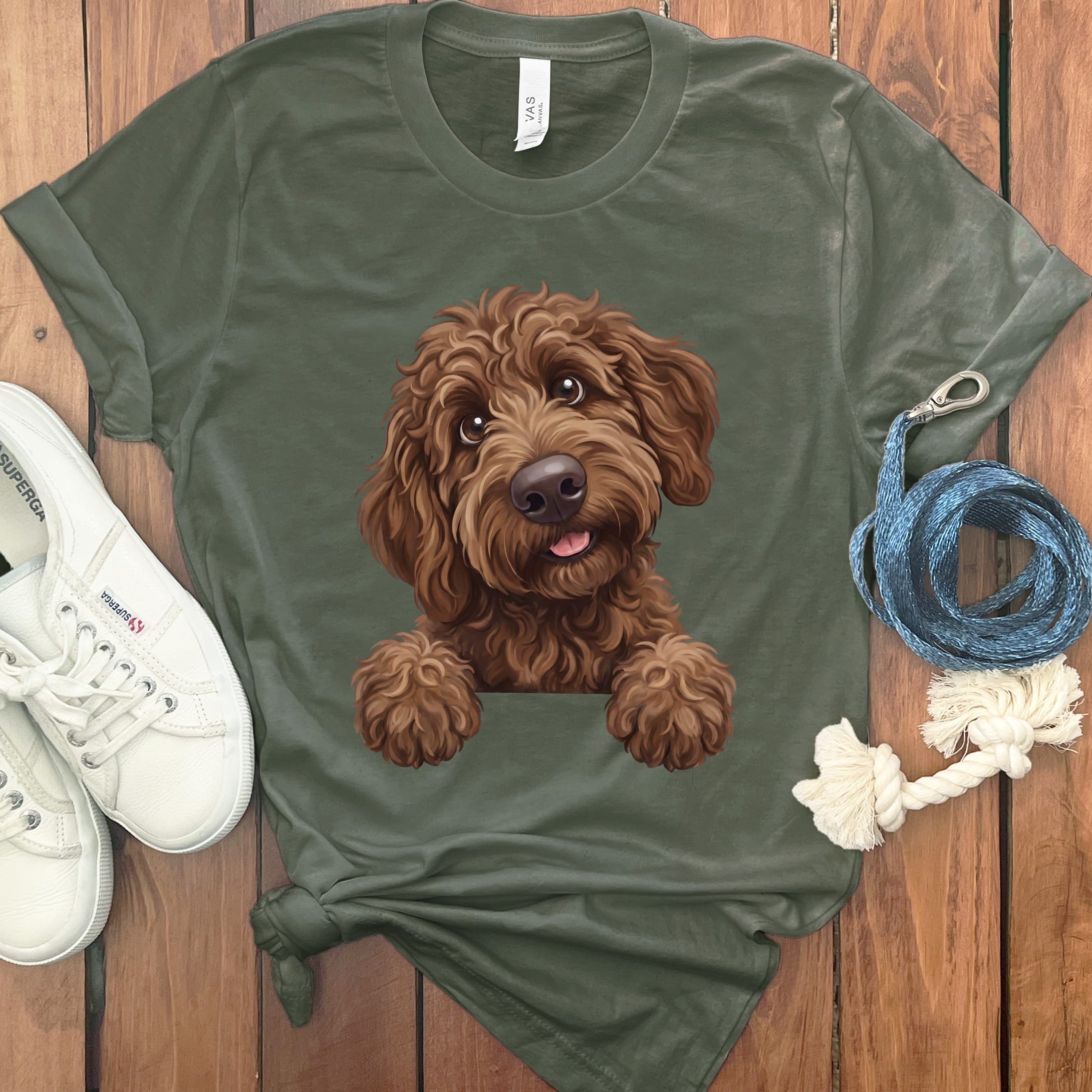 Curious Chocolate Goldendoodle T-Shirt in Military Green / S by Puppy Jo