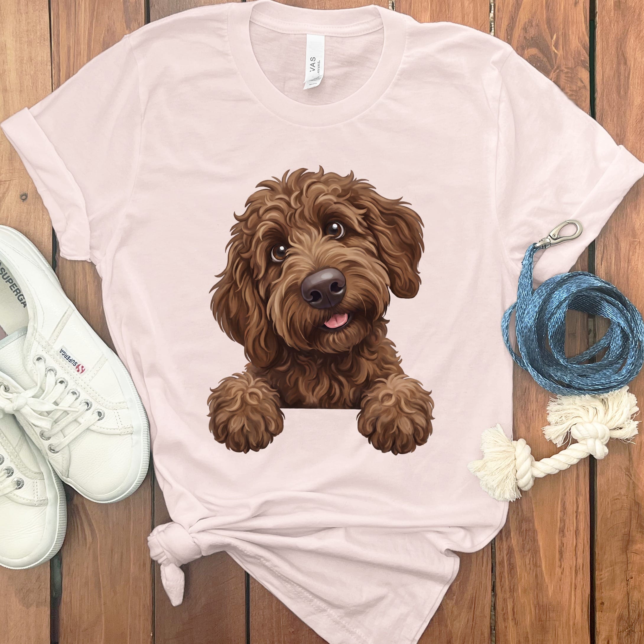 Curious Chocolate Goldendoodle T-Shirt in Soft Pink / S by Puppy Jo
