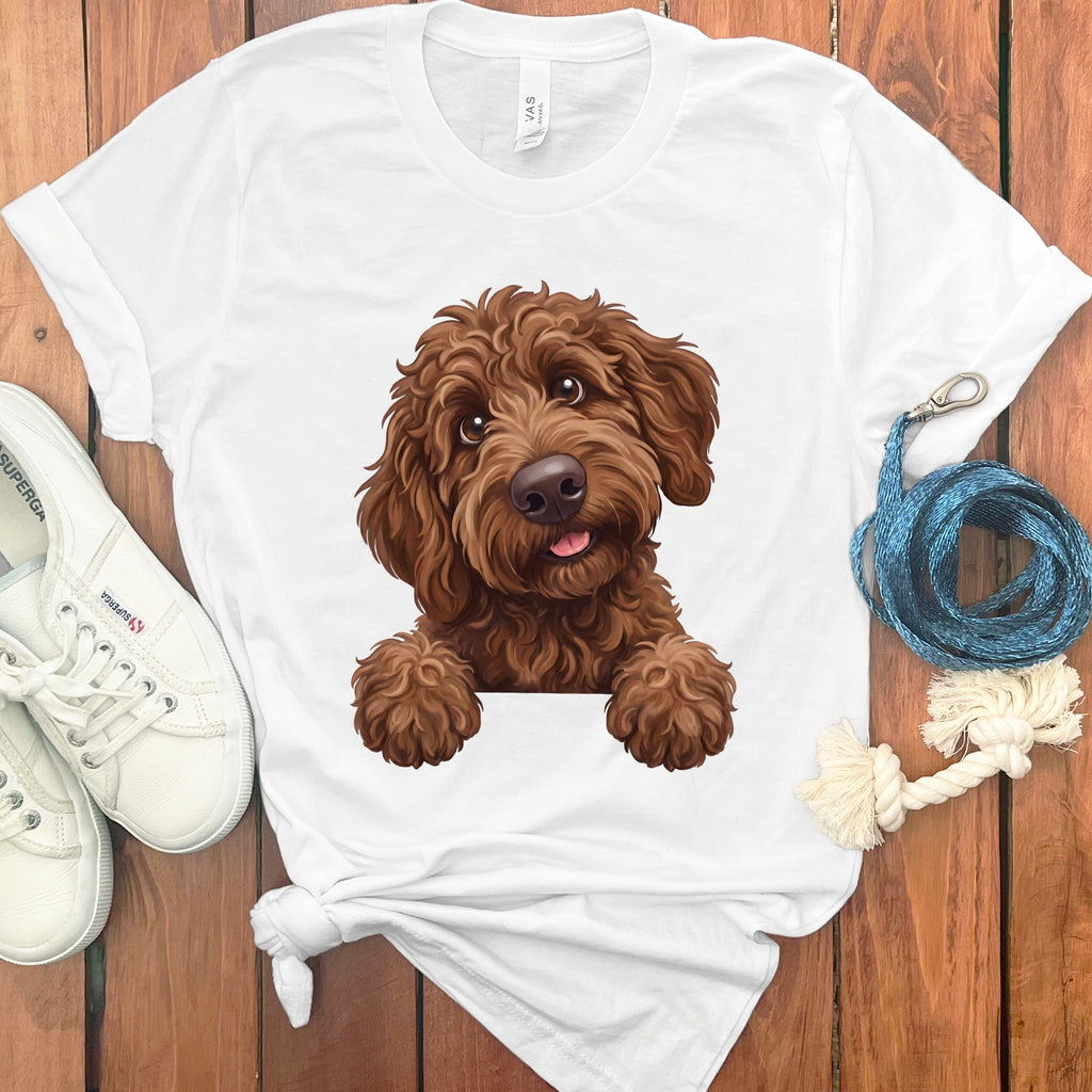 Curious Chocolate Goldendoodle T-Shirt in White / S by Puppy Jo