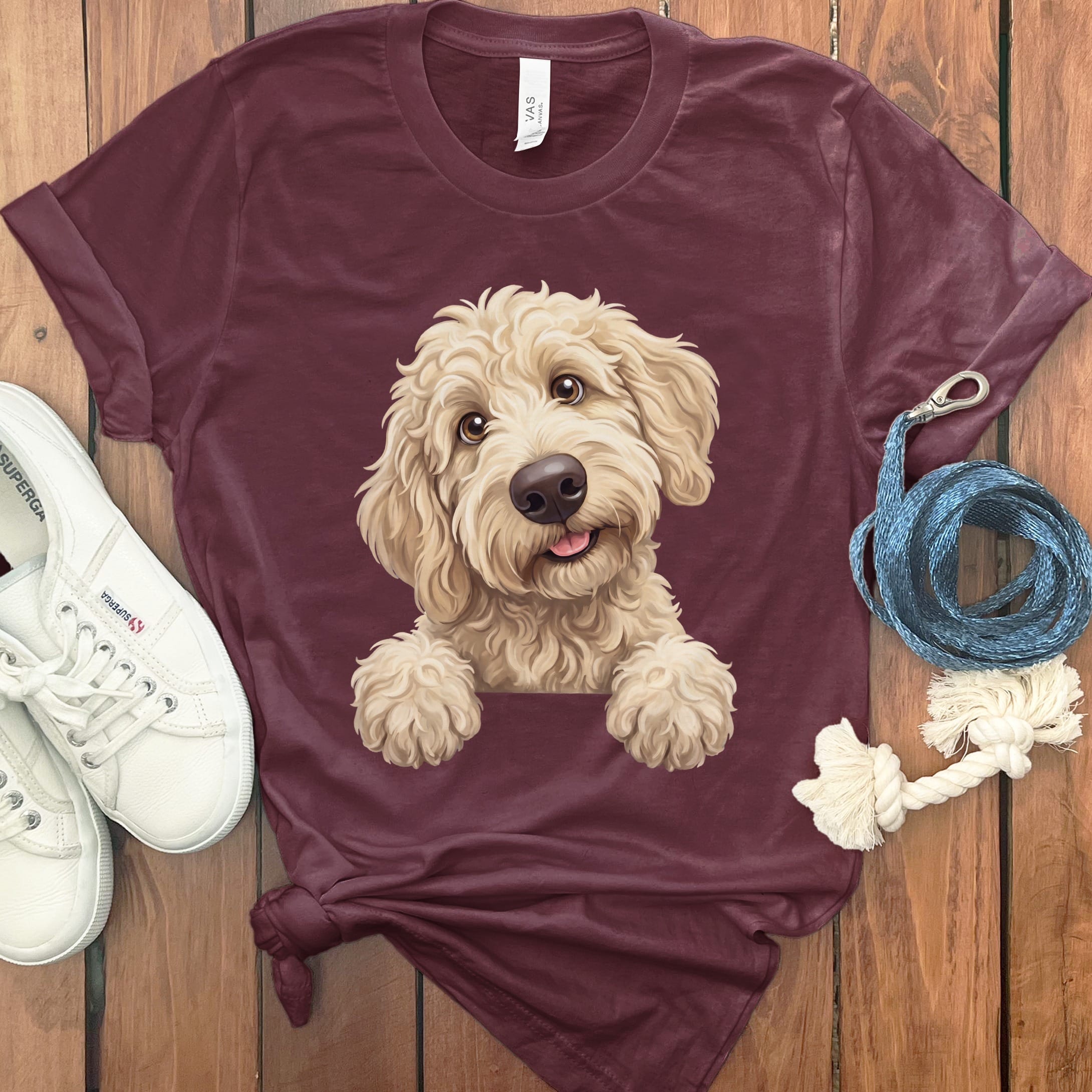 Curious Cream Goldendoodle T-Shirt in Maroon / S by Puppy Jo
