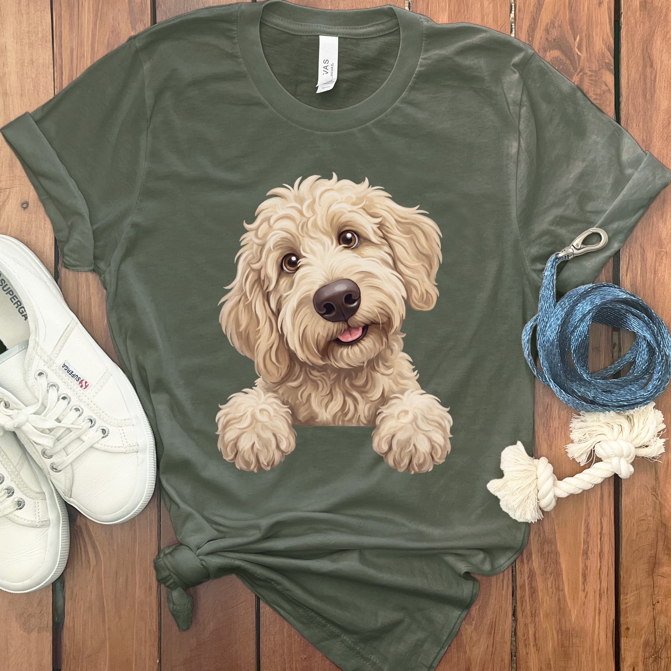 Curious Cream Goldendoodle T-Shirt in Military Green / S by Puppy Jo