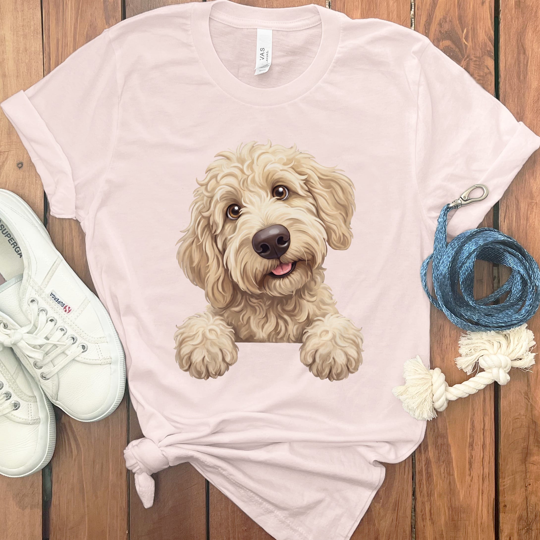 Curious Cream Goldendoodle T-Shirt in Soft Pink / S by Puppy Jo