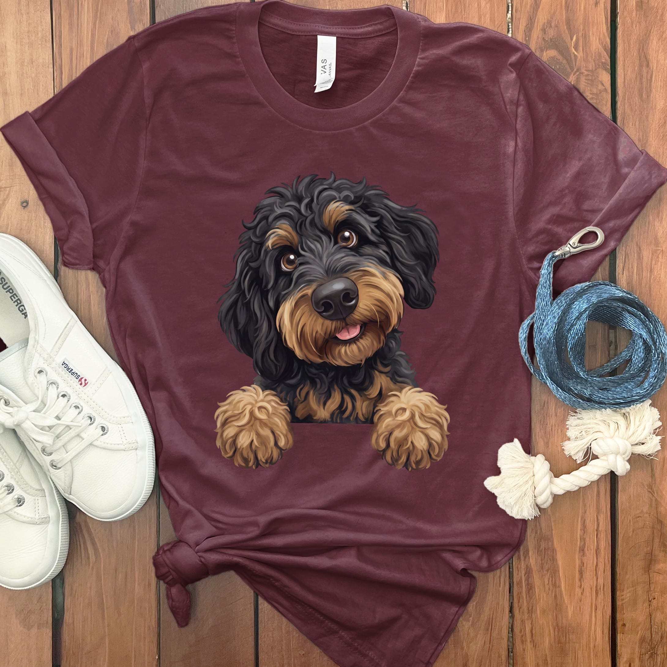 Curious Phantom Goldendoodle T-Shirt in Maroon / S by Puppy Jo