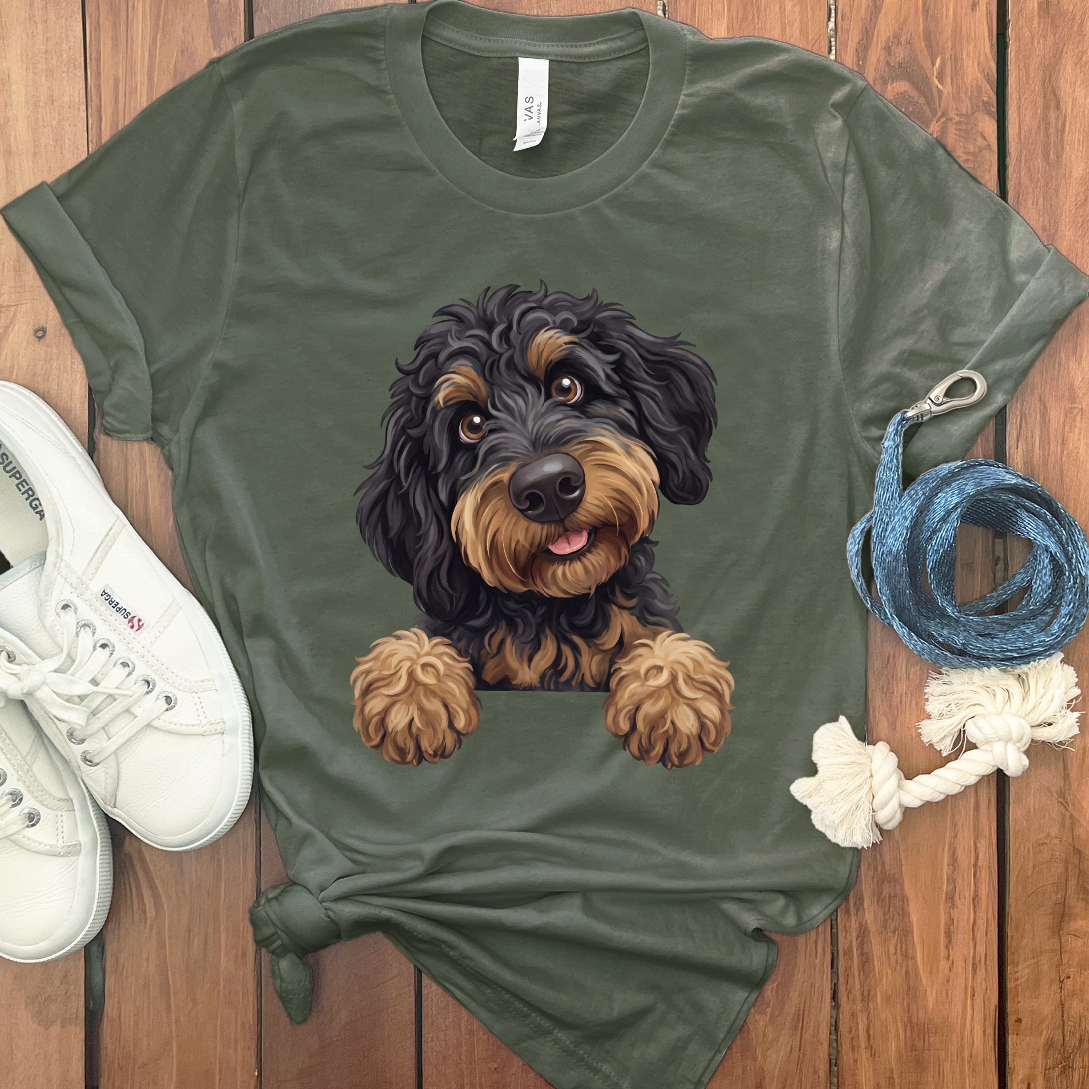 Curious Phantom Goldendoodle T-Shirt in Military Green / S by Puppy Jo