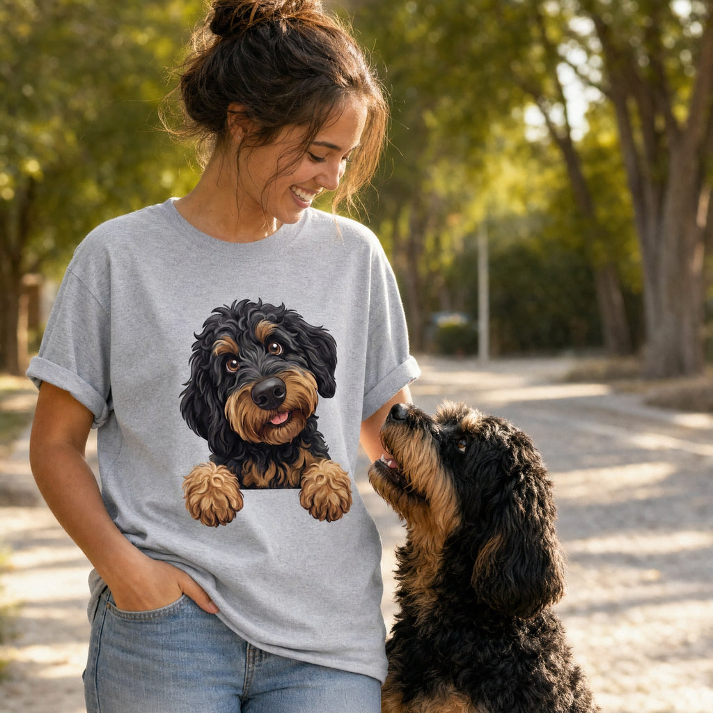Curious Phantom Goldendoodle T-Shirt in by Puppy Jo