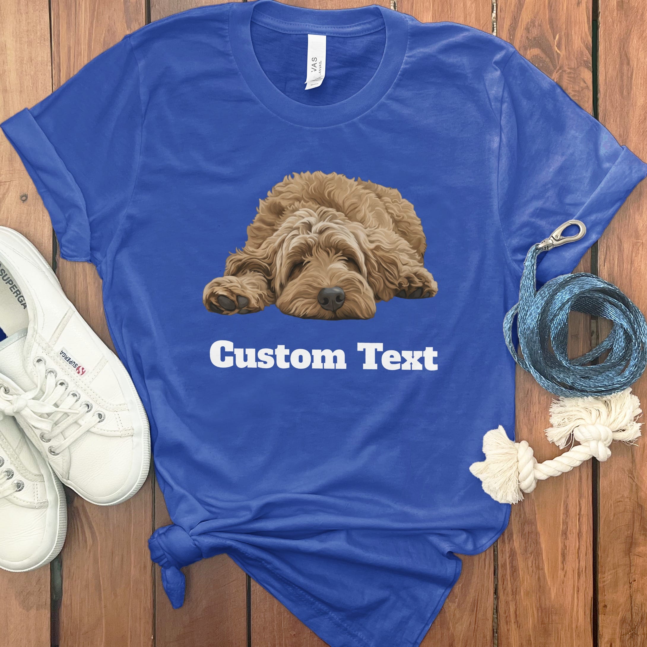 Custom Apricot Sleeping Doodle T-Shirt in True Royal / S by Puppy Jo