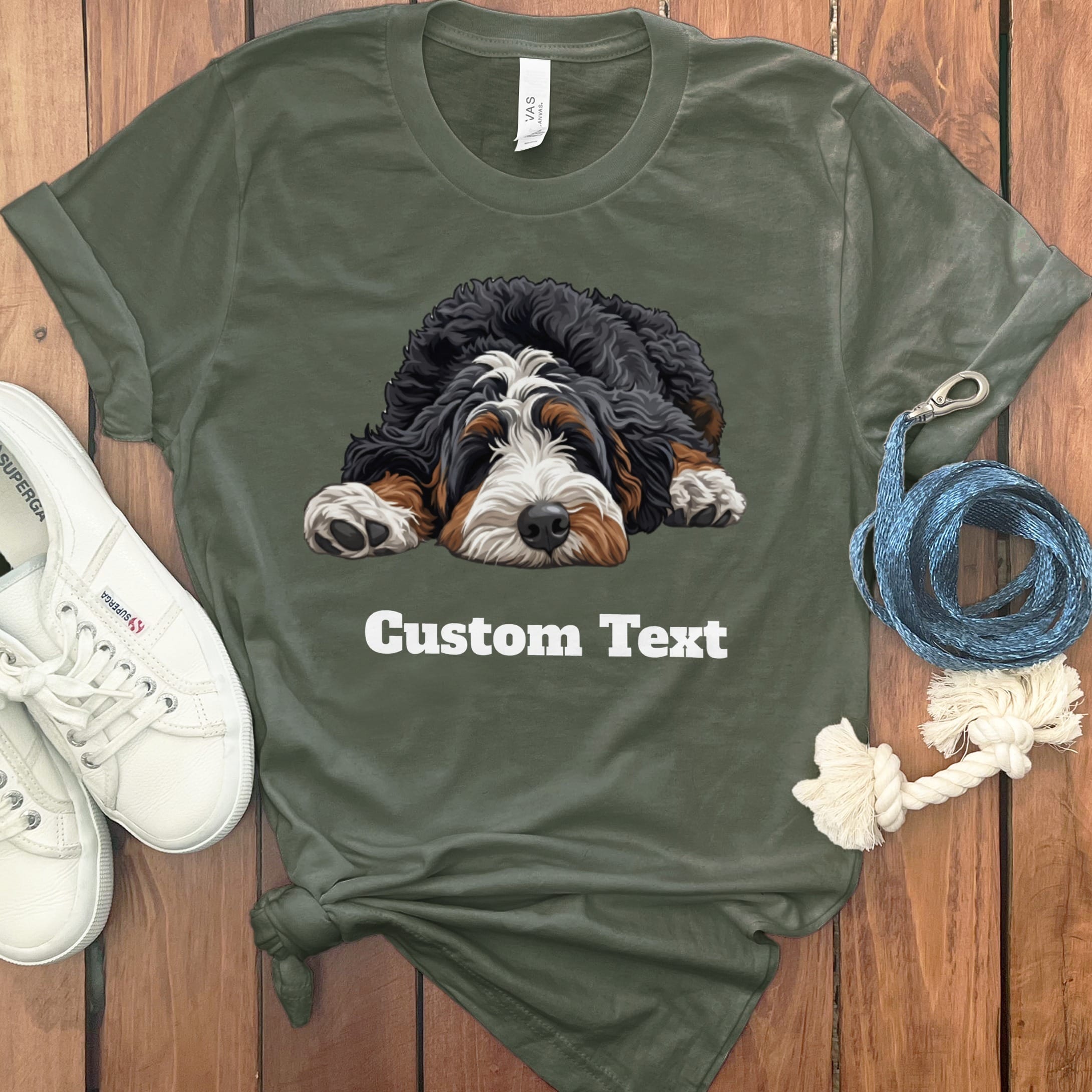 Custom Bernedoodle Sleeping T-Shirt in Military Green / S by Puppy Jo