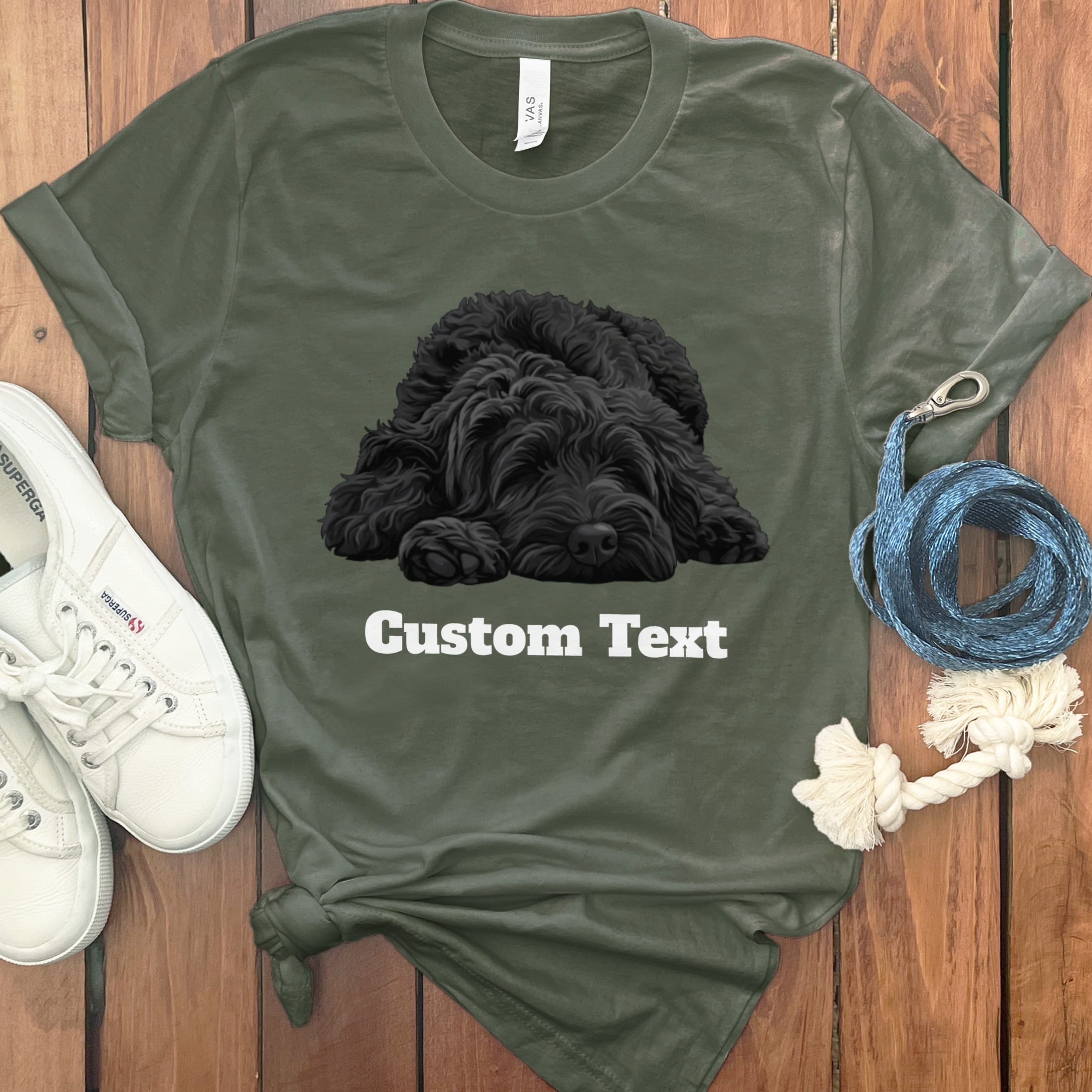 Custom Black Sleeping Doodle T-Shirt in Military Green / S by Puppy Jo