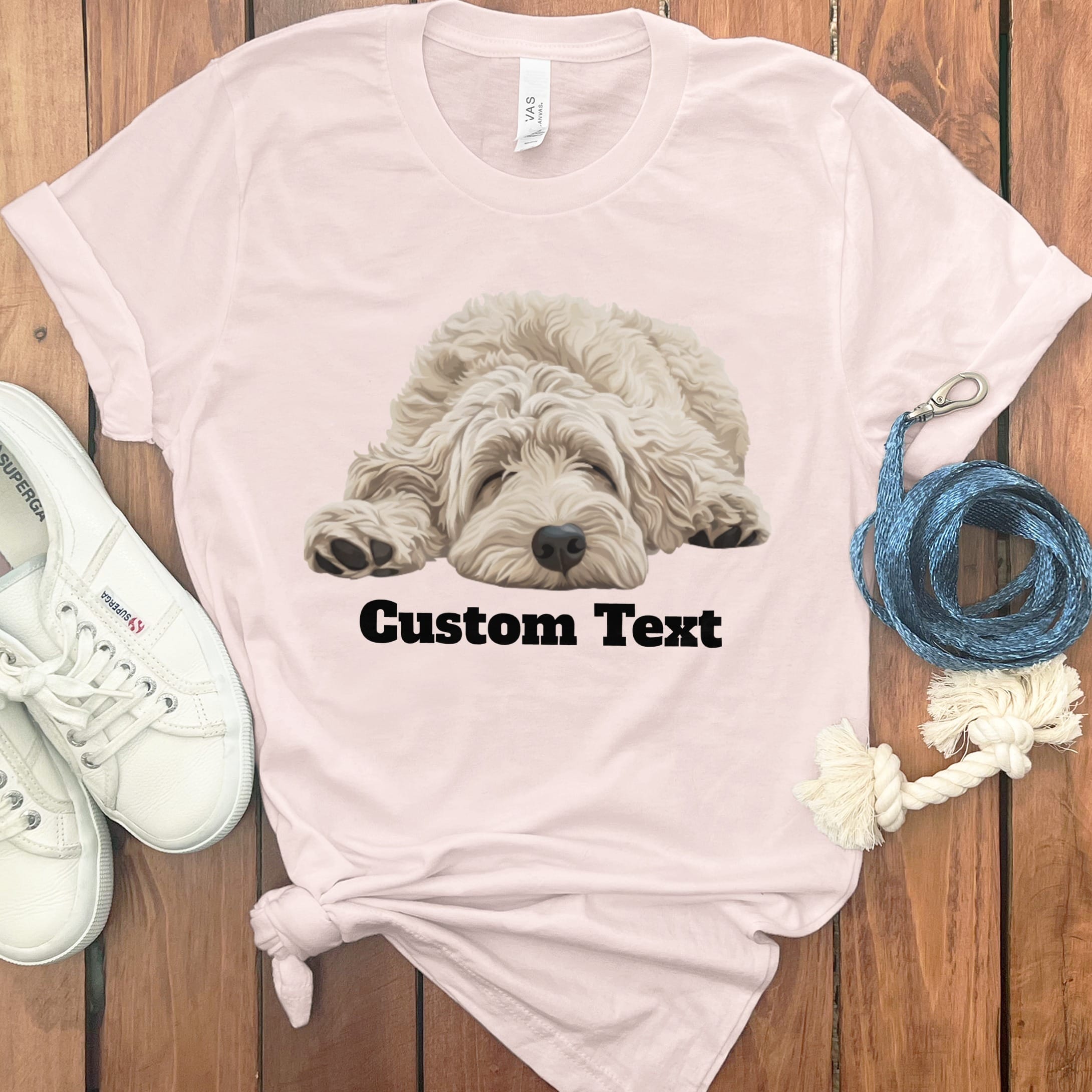 Custom Cream Sleeping Doodle T-Shirt in Soft Pink / S by Puppy Jo