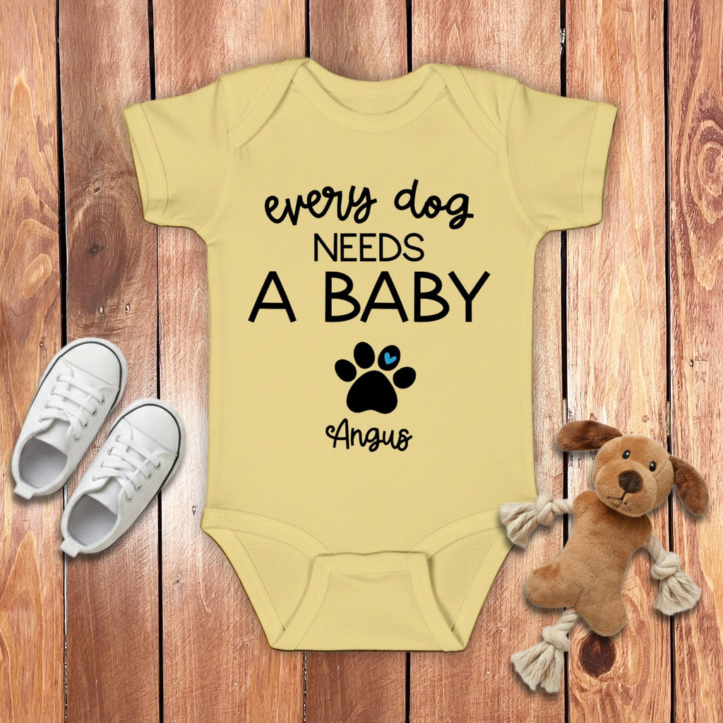 Custom Every Dog Need Bodysuit in Banana / NB (0-3M) by Puppy Jo