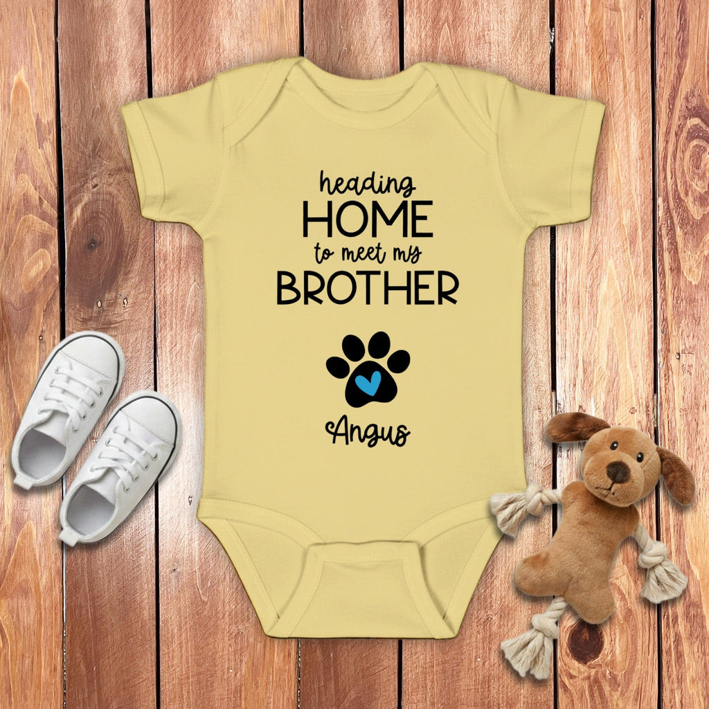 Custom Heading Home Brother Bodysuit in Banana / NB (0-3M) by Puppy Jo