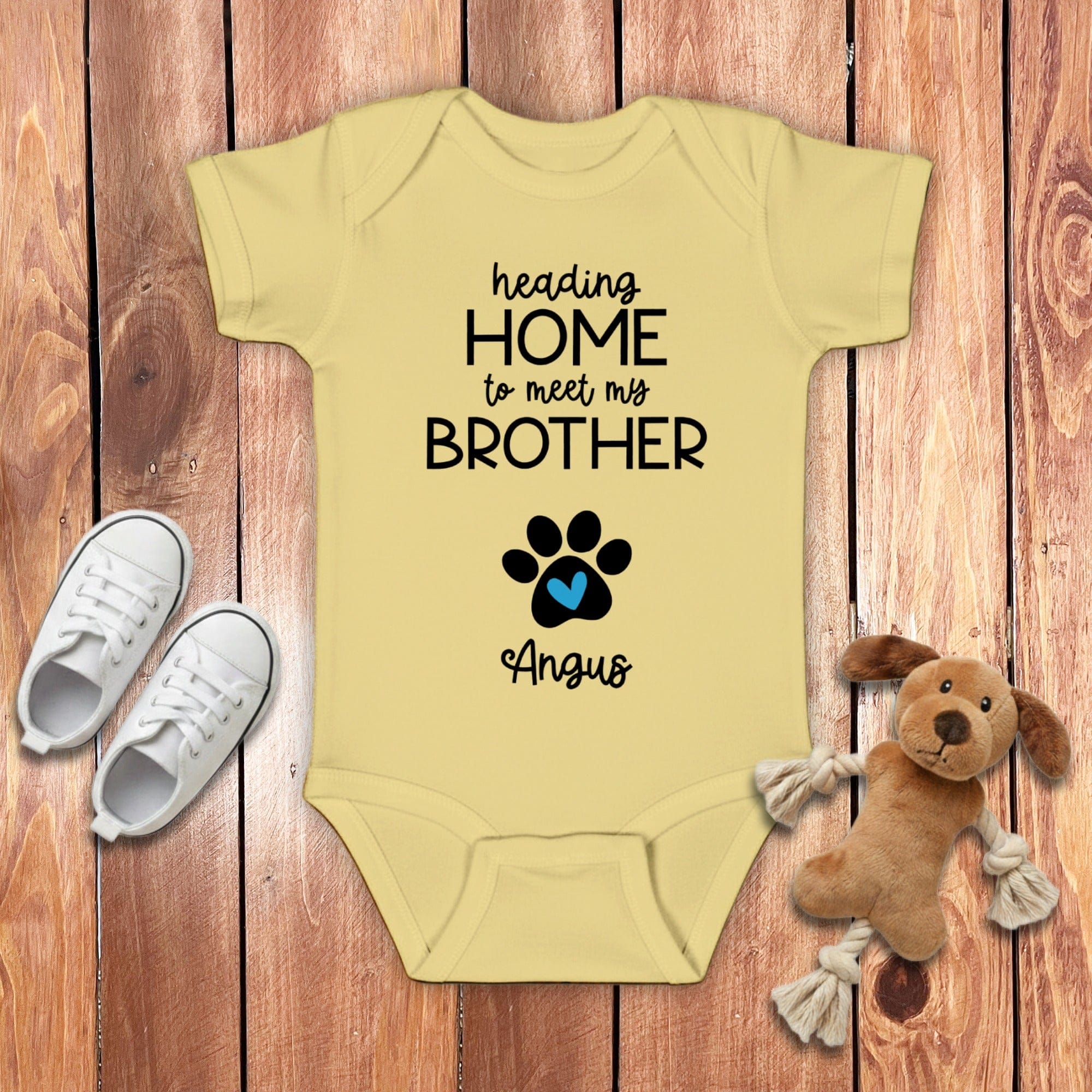 Custom Heading Home Brother Bodysuit in Banana / NB (0-3M) by Puppy Jo