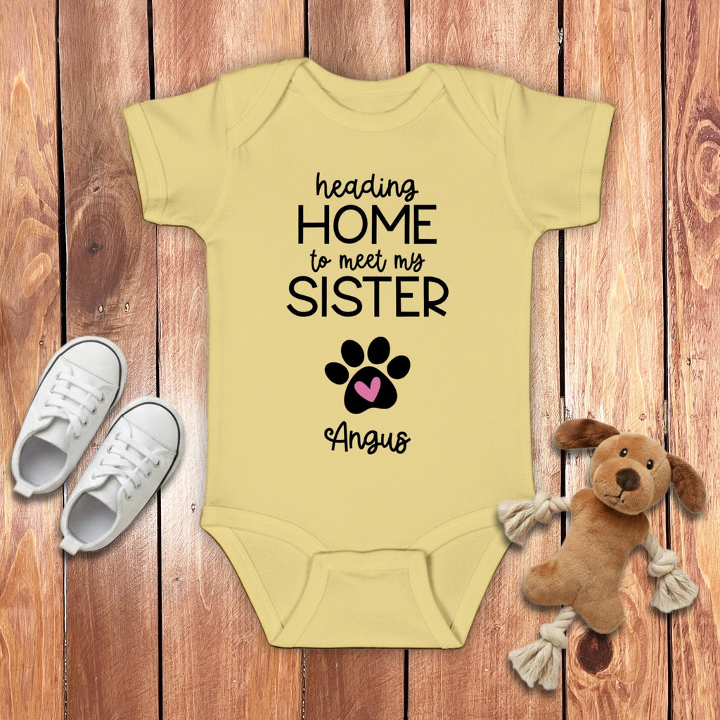Custom Heading Home Sister Bodysuit in Banana / 6M by Puppy Jo