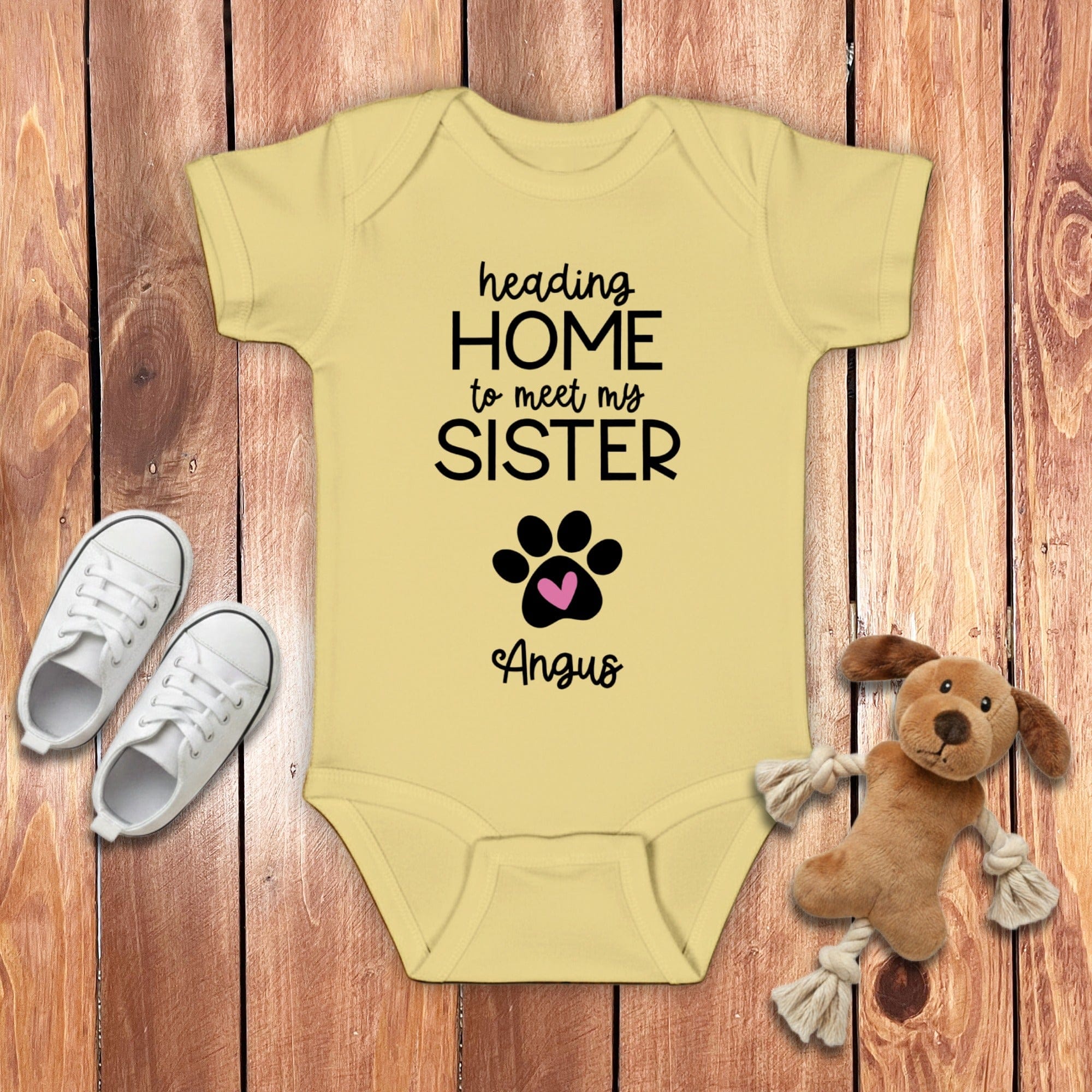 Custom Heading Home Sister Bodysuit in Banana / 6M by Puppy Jo
