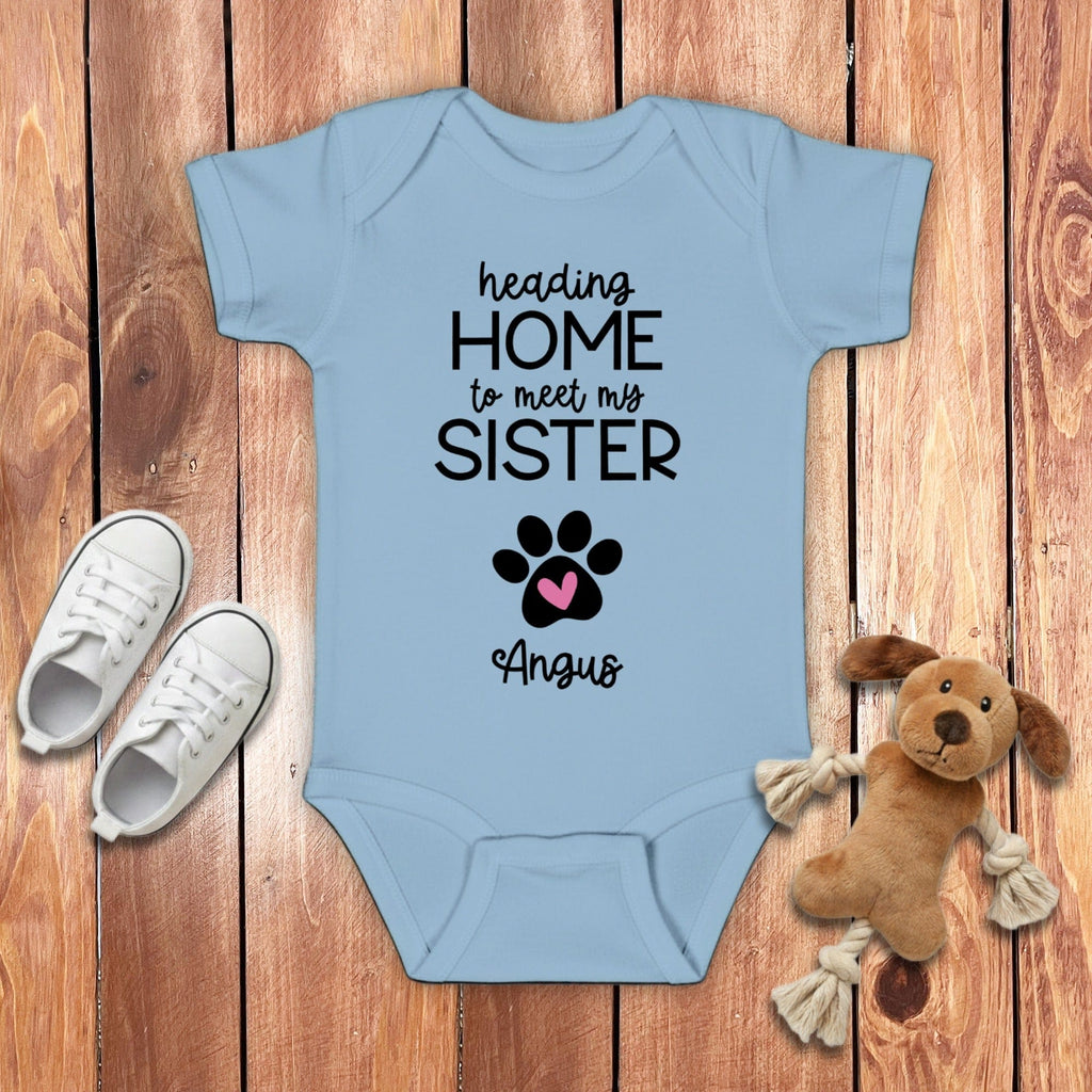 Custom Heading Home Sister Bodysuit in Light Blue / 6M by Puppy Jo