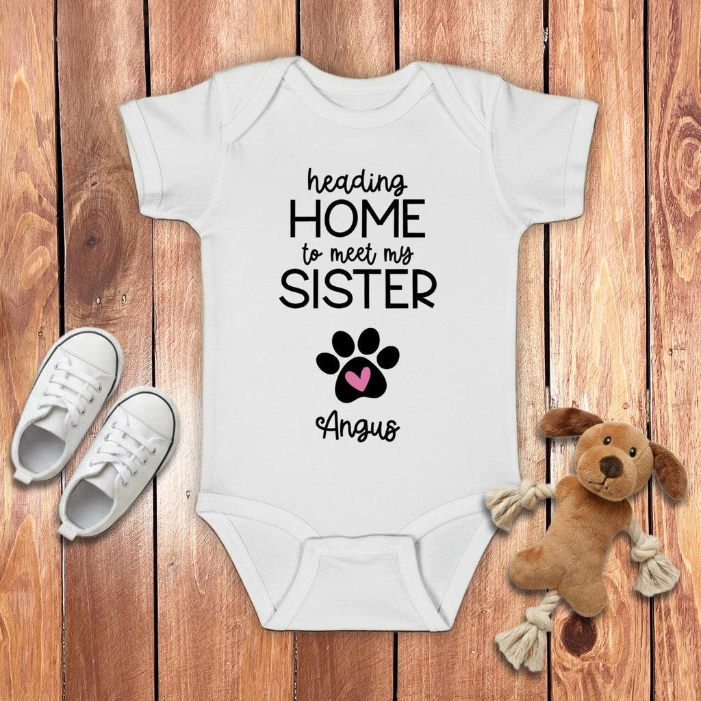 Custom Heading Home Sister Bodysuit in White / 6M by Puppy Jo