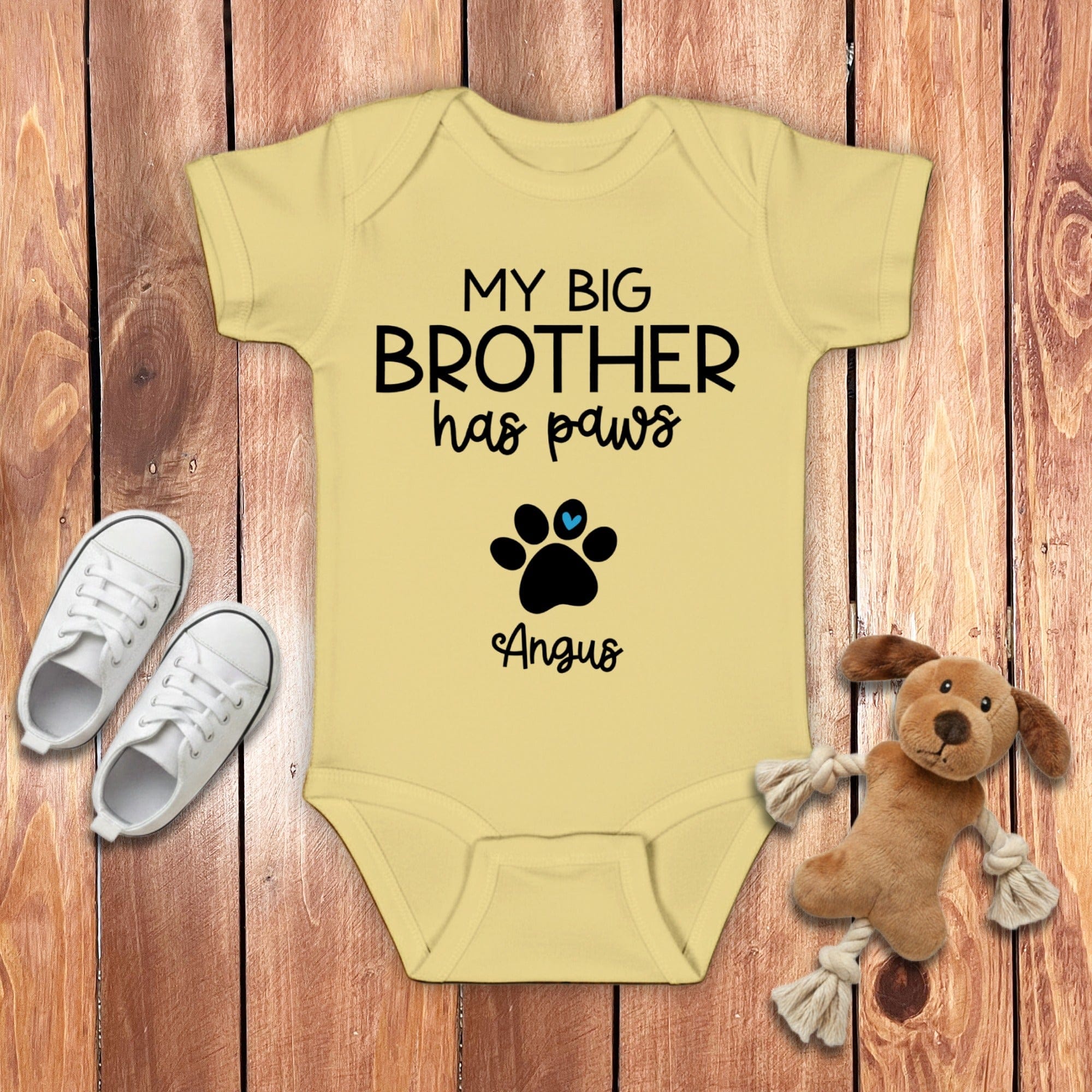 Custom My Brother Has Paws Bodysuit in Banana / NB (0-3M) by Puppy Jo