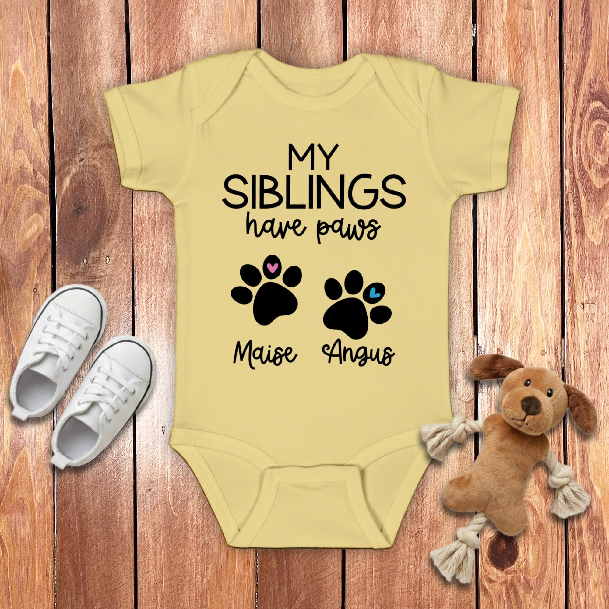Custom My Siblings Bodysuit in Banana / NB (0-3M) by Puppy Jo