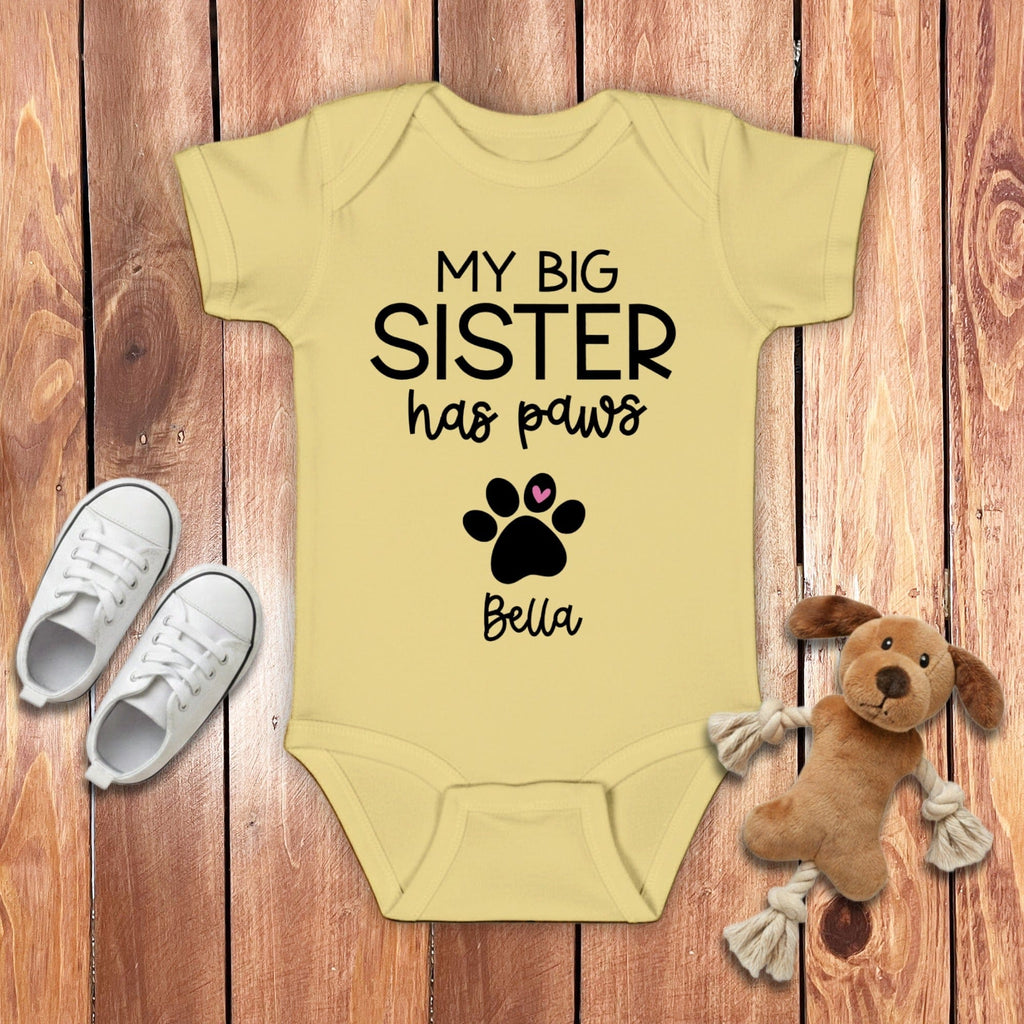 Custom My Sister Has Paws Bodysuit in Banana / NB (0-3M) by Puppy Jo