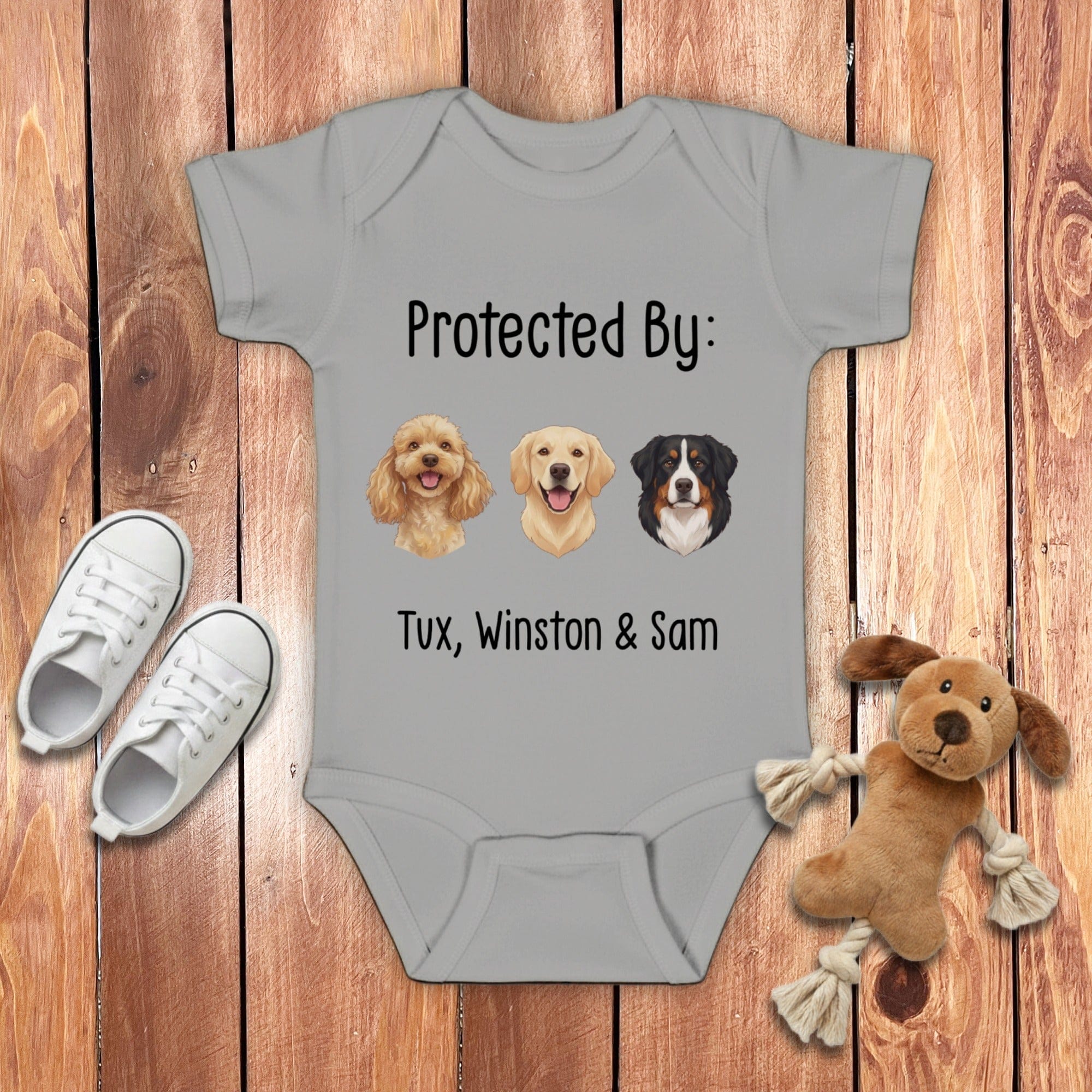 Custom Protected By Baby Bodysuit in Heather / NB (0-3M) by Puppy Jo