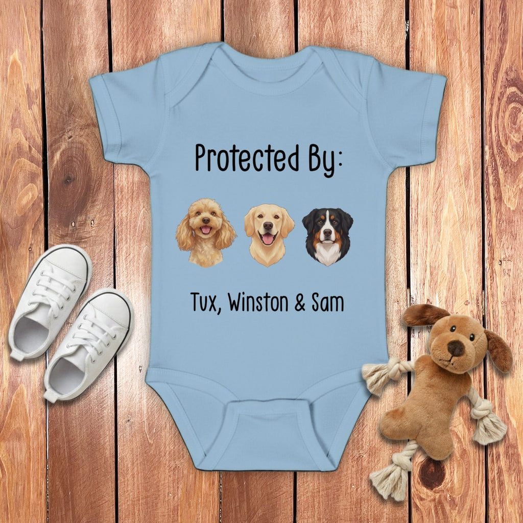 Custom Protected By Baby Bodysuit in Light Blue / NB (0-3M) by Puppy Jo
