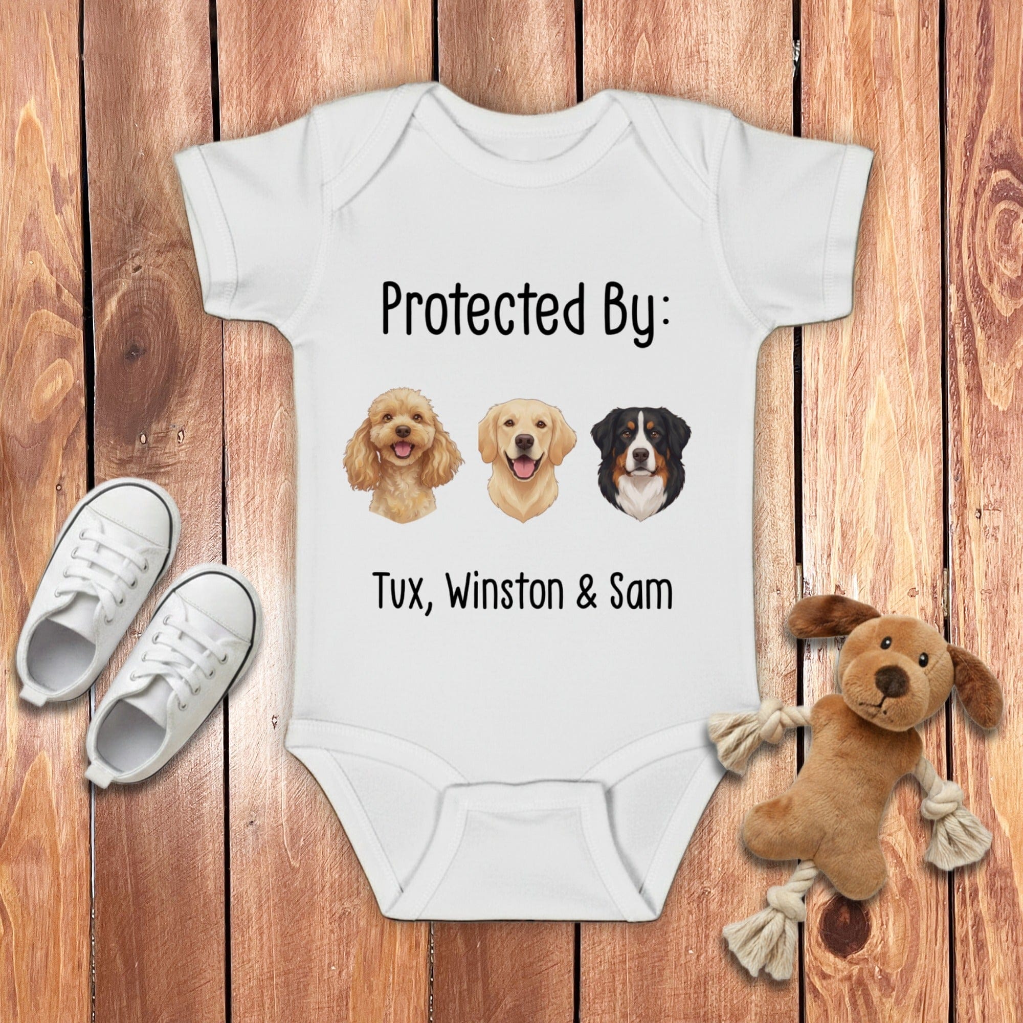 Custom Protected By Baby Bodysuit in White / NB (0-3M) by Puppy Jo