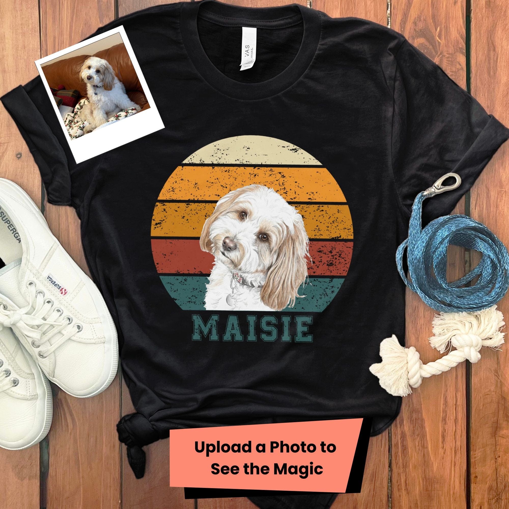 Custom Retro Sunset Dog Photo T-Shirt in Black / S by Puppy Jo
