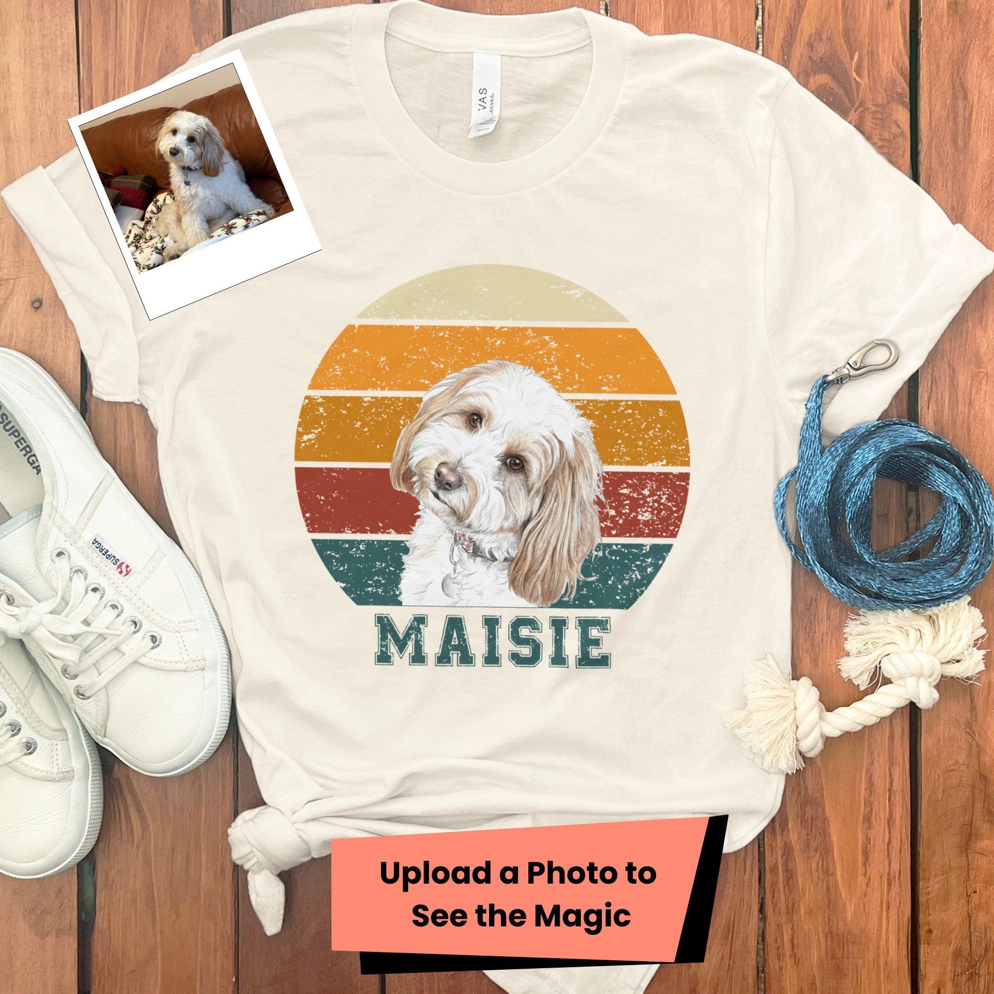 Custom Retro Sunset Dog Photo T-Shirt in Natural / S by Puppy Jo