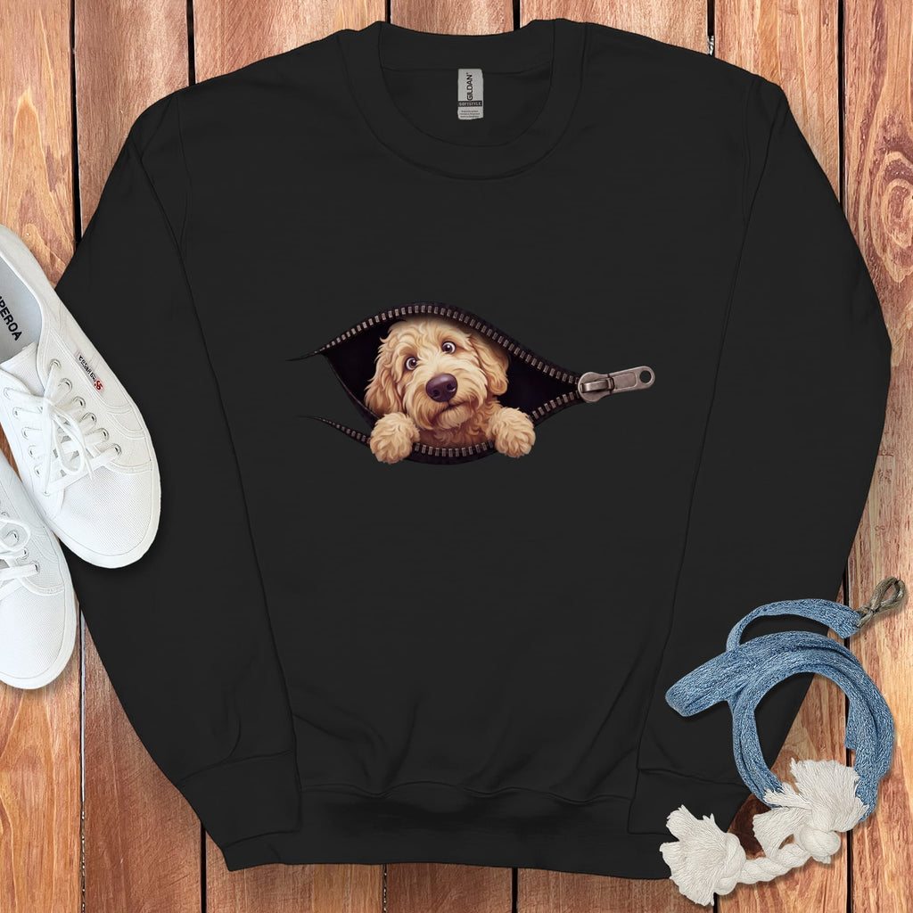 Cream Goldendoodle Peeking Zipper Sweatshirt in Black / S by Puppy Jo