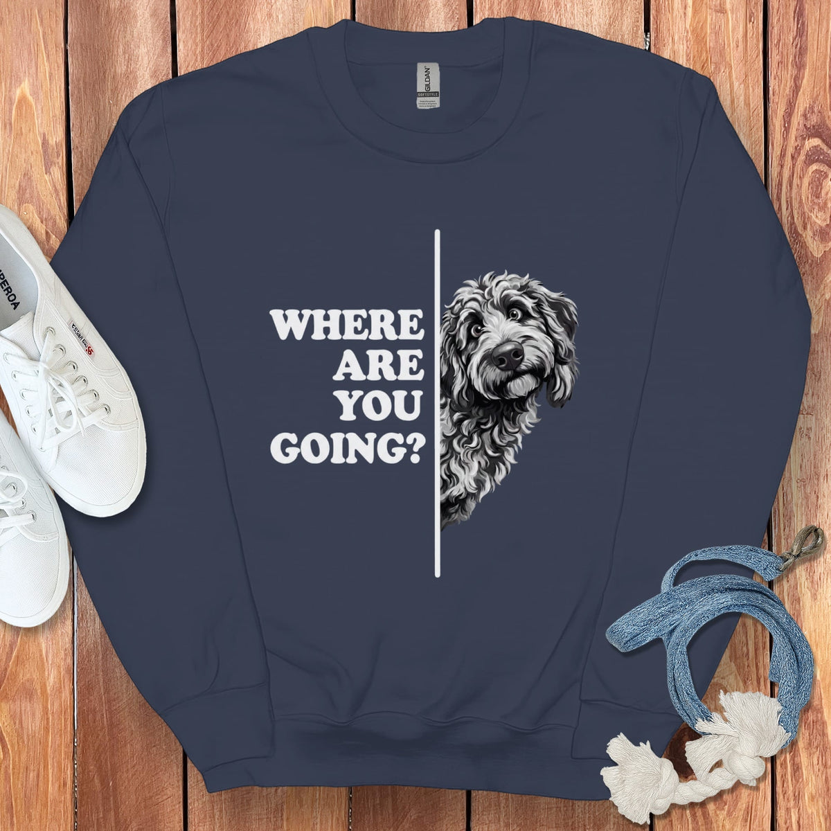 Where Going Merle Goldendoodle Sweatshirt in Navy / S by Puppy Jo