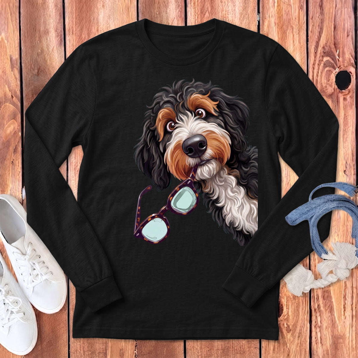 Black long-sleeve t-shirt featuring a graphic of a Bernedoodle dog holding glasses in its mouth.