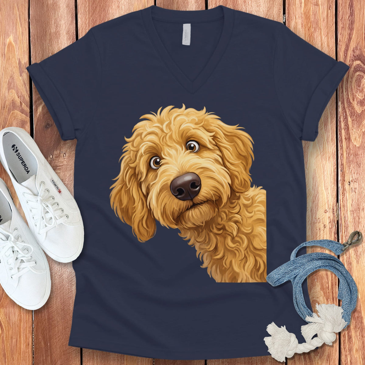 Funny Peeking Golden Goldendoodle V-Neck T-Shirt in Navy / S by Puppy Jo