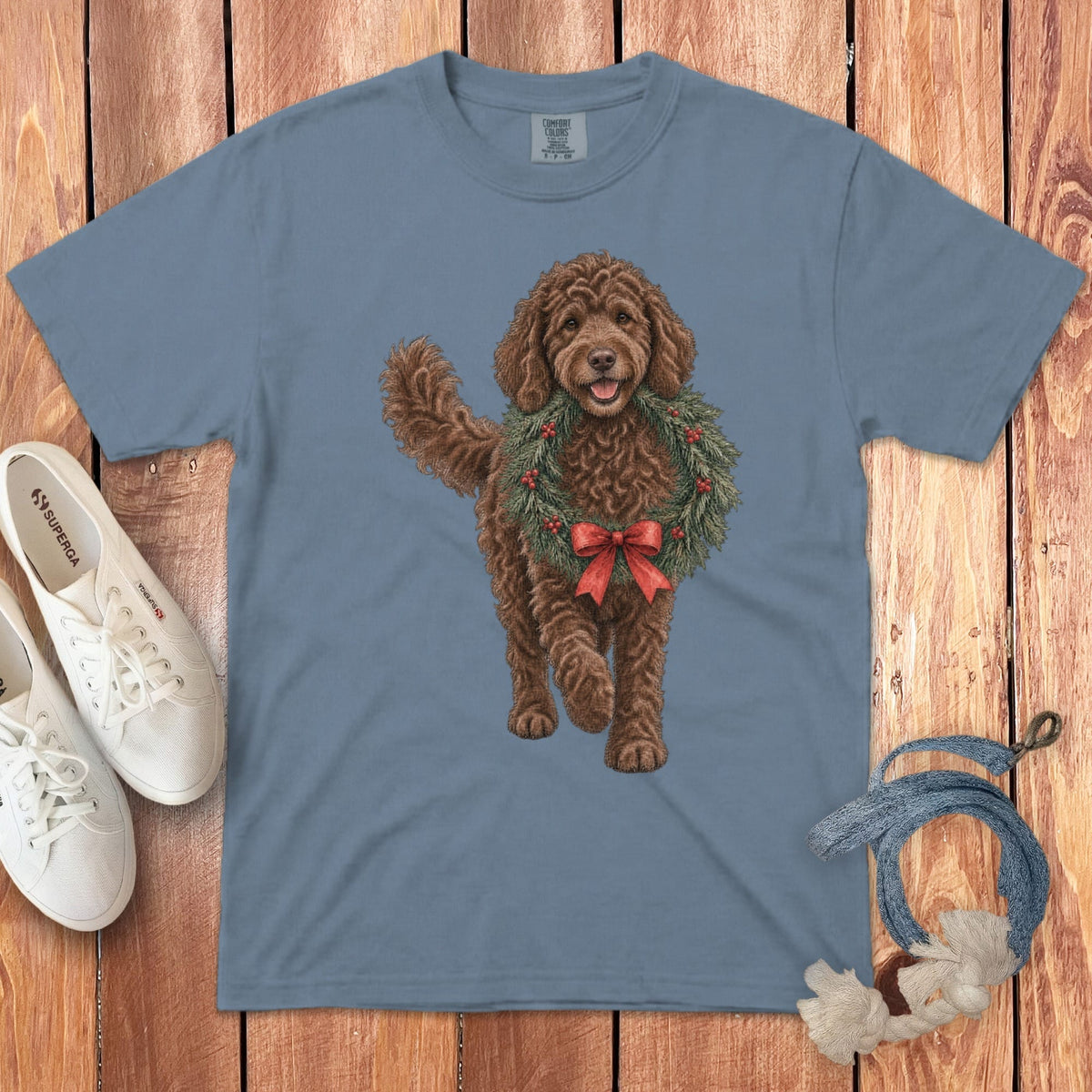 Chocolate Goldendoodle Wreath Signature T-Shirt in Blue Jean / S by Puppy Jo