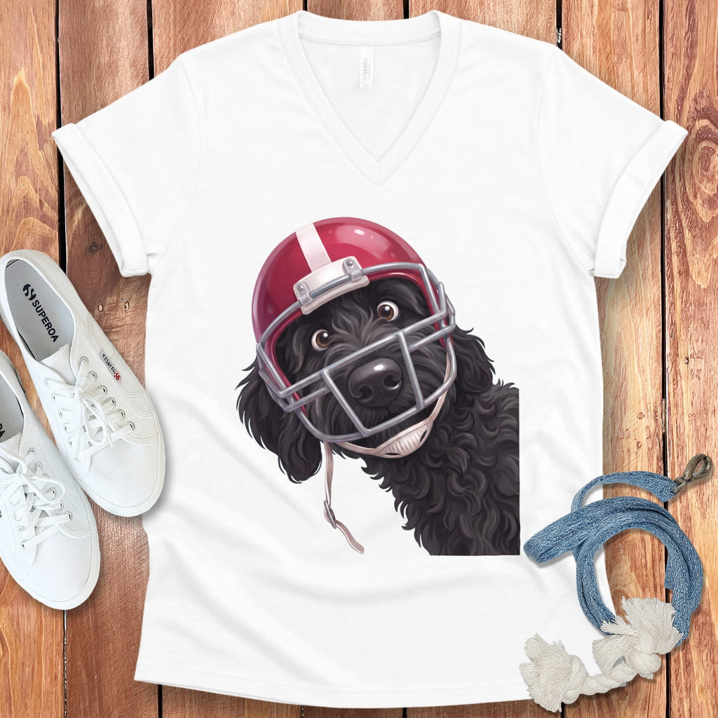 Black Goldendoodle Football Helmet V-Neck T-Shirt in White / S by Puppy Jo