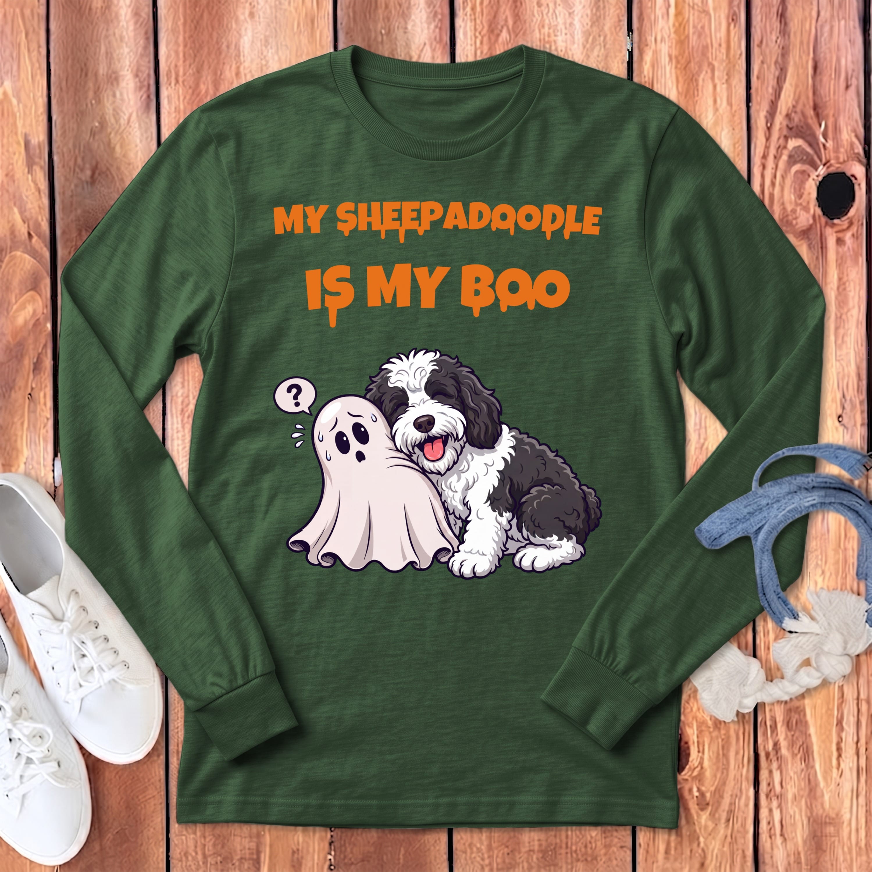 Sheepadoodle My Boo Long Sleeve T-Shirt in Heather Forest / S by Puppy Jo
