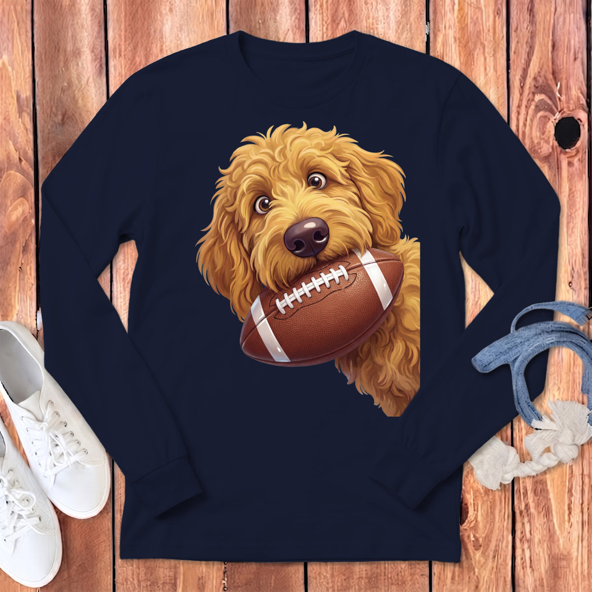 Golden doodle holding a brown football with white stripes in its mouth.