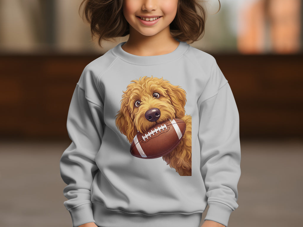 Light gray sweatshirt with a doodle dog holding a football graphic.