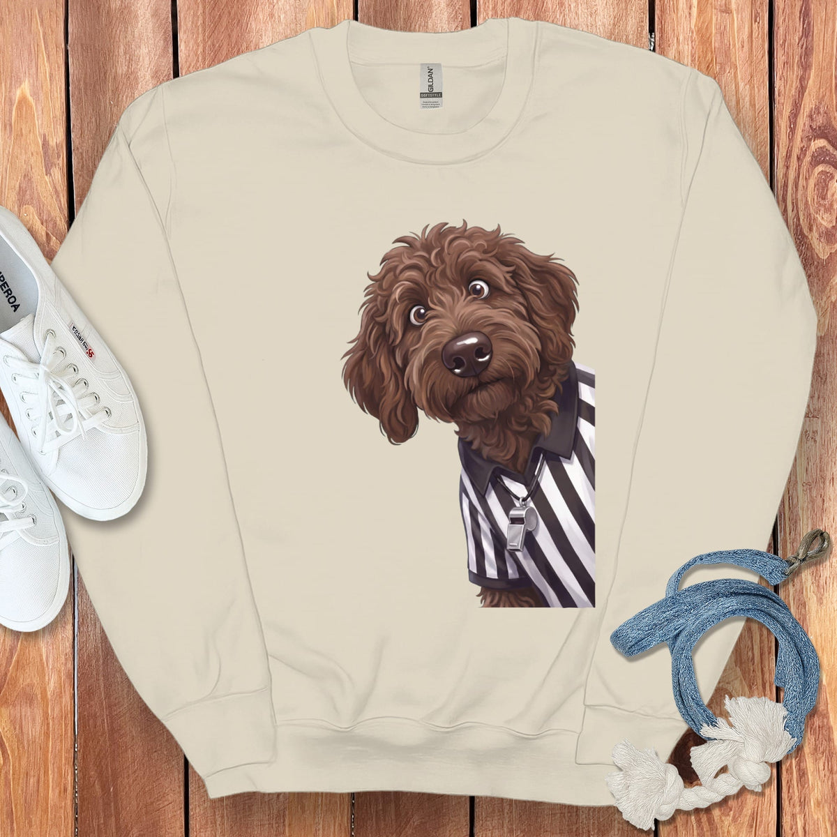 Chocolate Goldendoodle Football Referee Sweatshirt in Sand / S by Puppy Jo