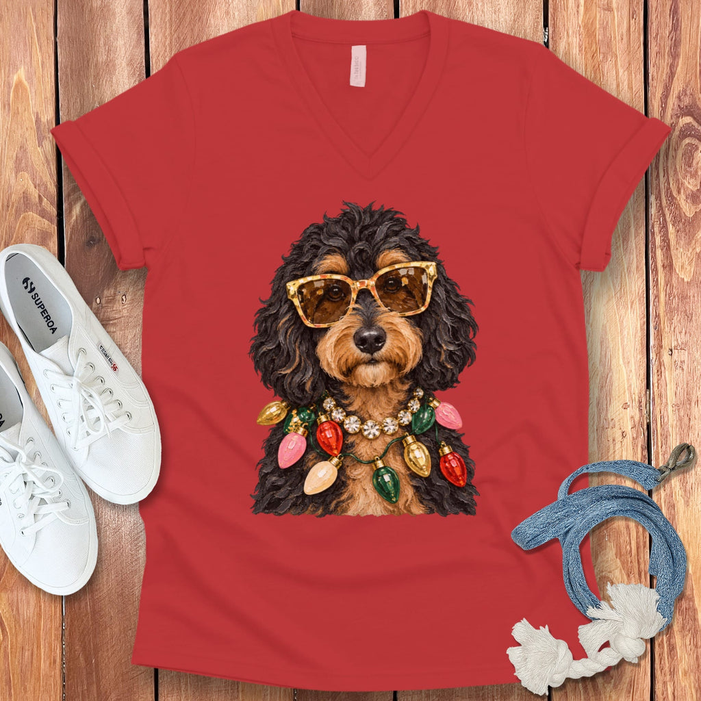 Phantom Goldendoodle Christmas Glam V-Neck T-Shirt in Red / S by Puppy Jo