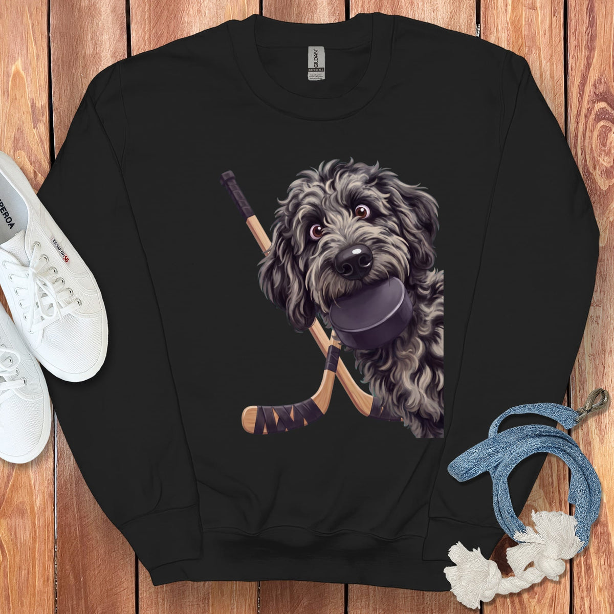 Merle Goldendoodle Hockey Sweatshirt in Black / S by Puppy Jo