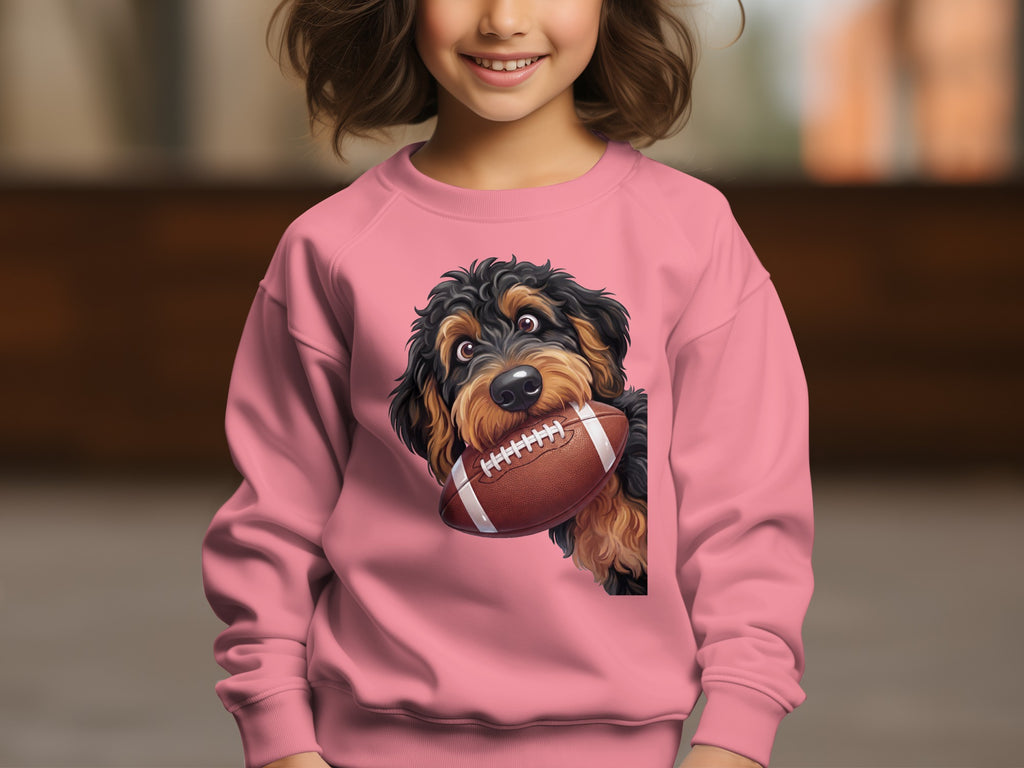 Pink sweatshirt with a drawing of a dog holding a football.