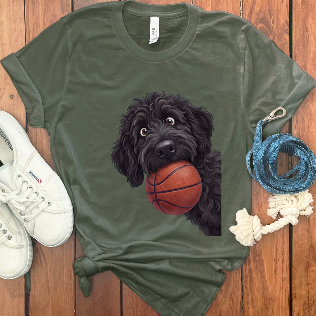 Black Goldendoodle Basketball T-Shirt in Military Green / S by Puppy Jo