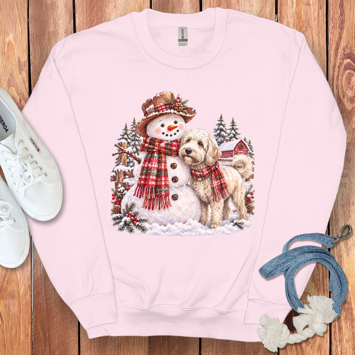 Maltipoo Christmas Snowman Sweatshirt in Light Pink / S by Puppy Jo