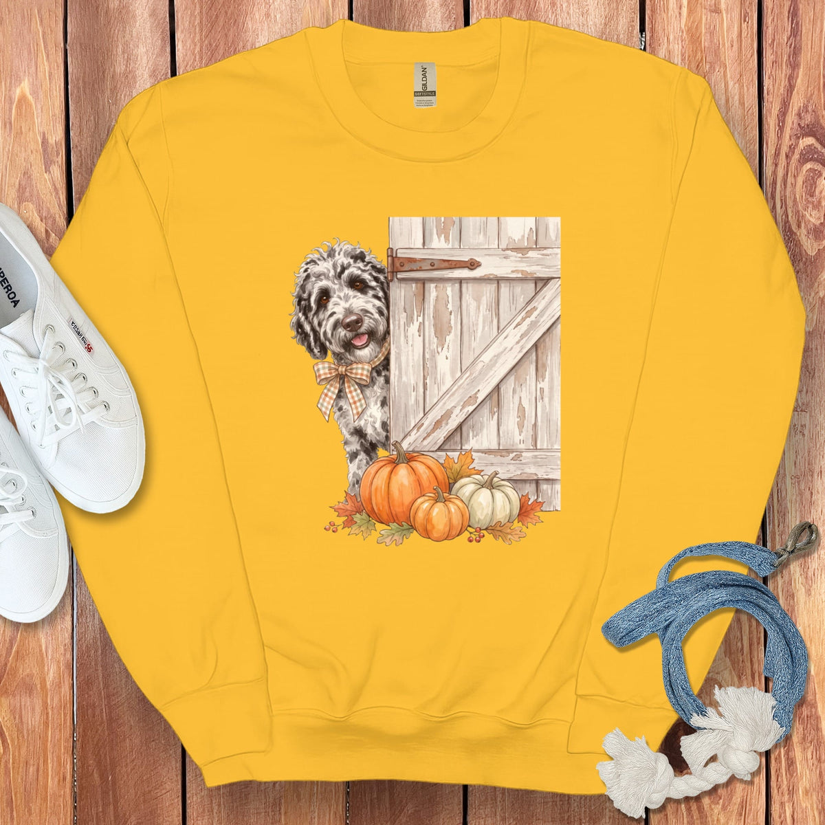 Merle Goldendoodle Barn Peeking Sweatshirt in Gold / S by Puppy Jo