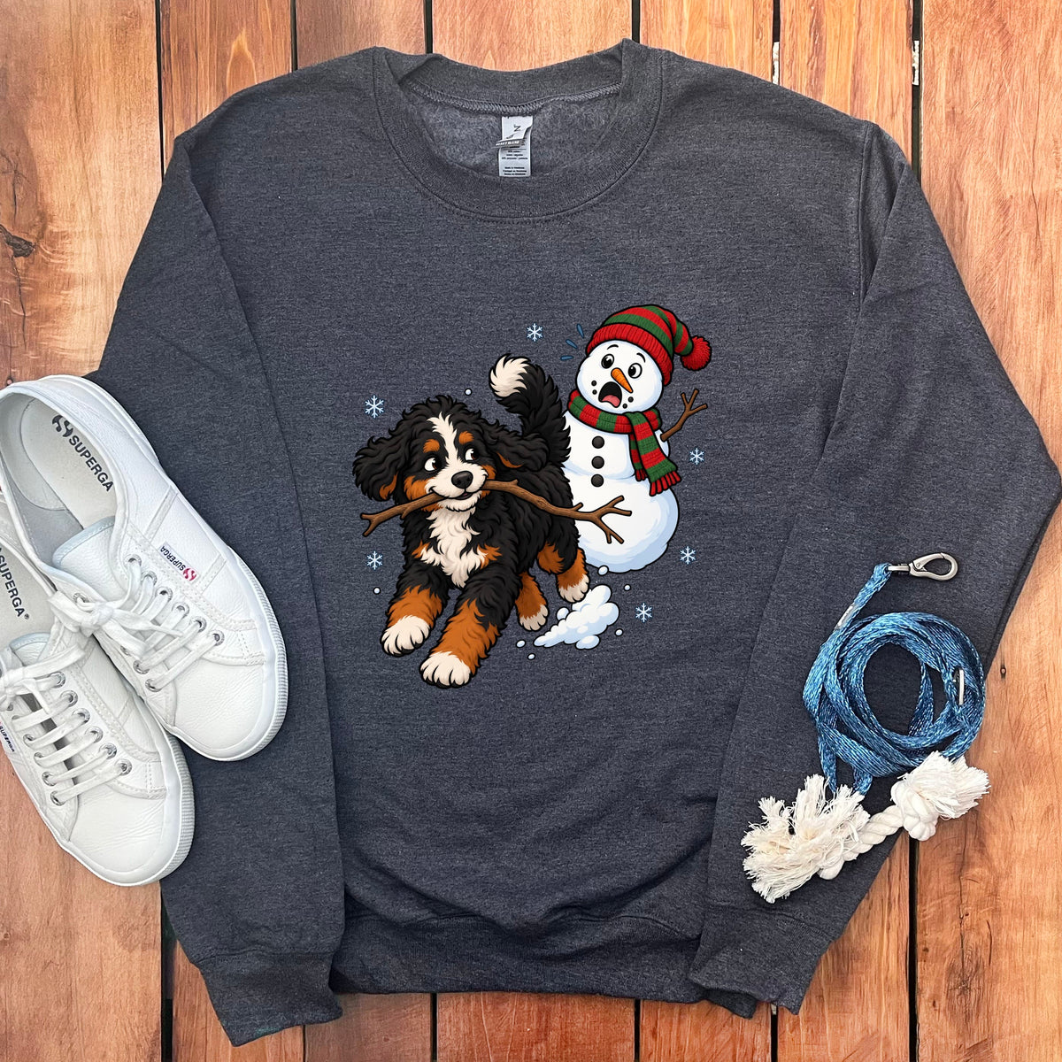 Bernedoodle Snowman Sweatshirt in Dark Heather / S by Puppy Jo