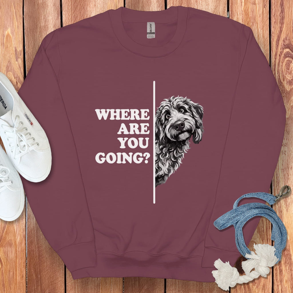 Where Going Merle Goldendoodle Sweatshirt in Maroon / S by Puppy Jo