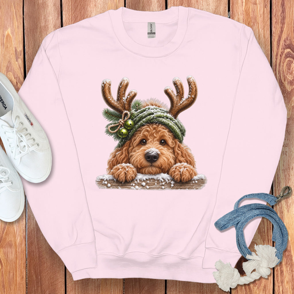 Pink sweatshirt with a whimsical doodle wearing antlers and a festive hat.