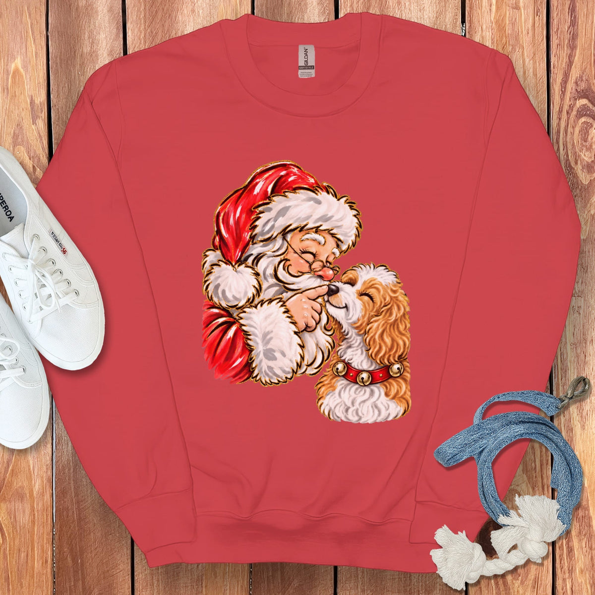 Parti Goldendoodle Santa Kiss Sweatshirt in Red / S by Puppy Jo